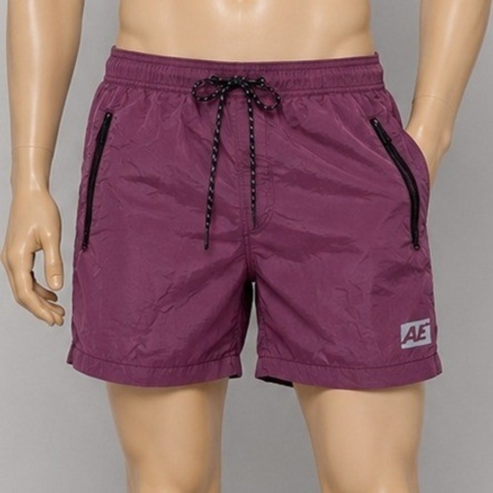 American Eagle Mens Shorts Burgundy Athletic Zipper Pockets Reflective Logo S